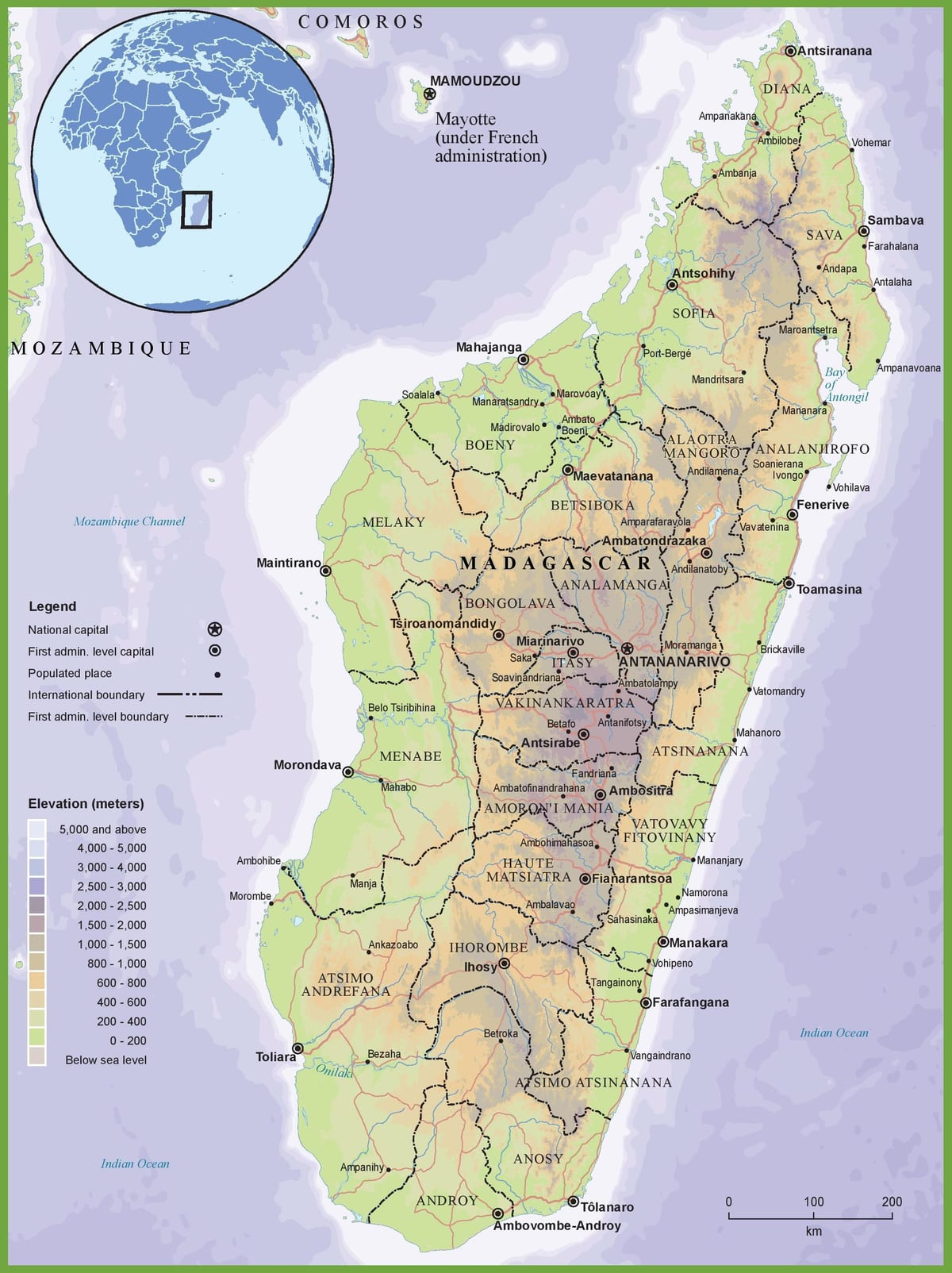 แผนที่ของทางกายภาพบนแผนที่ของมาดากัสกา name